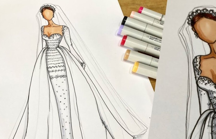 Croqui de vestido sob medida criado para a cliente